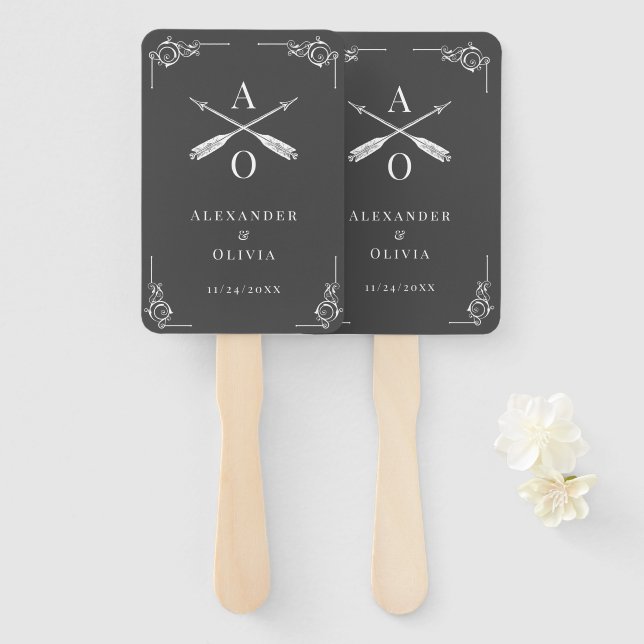 Grey Monogram and Arrows Wedding Favour Hand Fan (Front and Back)