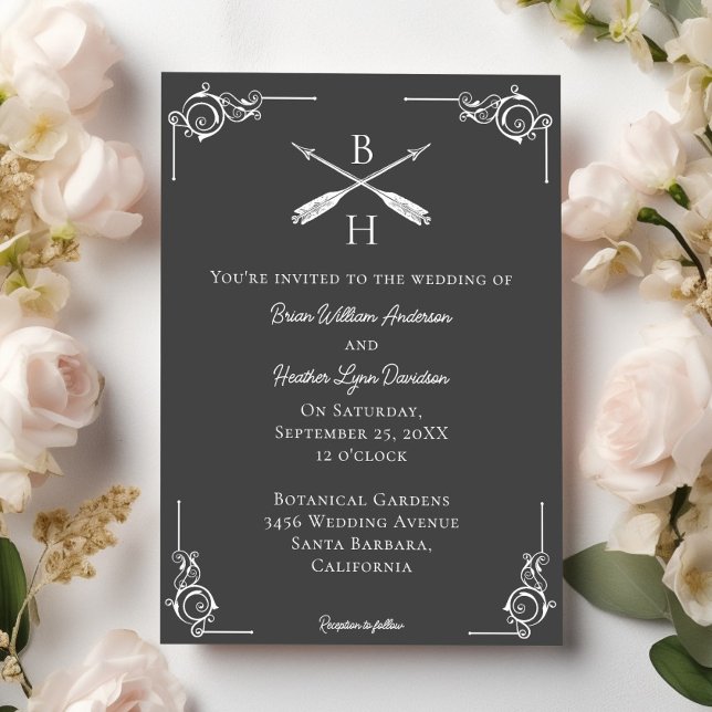 Grey Monogram and Arrows Wedding Invitation (Gray Monogram and Arrows Wedding Invitation)