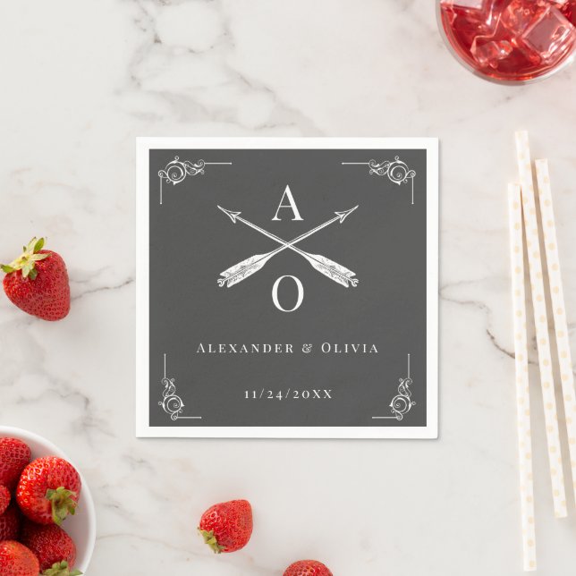 Grey Monogram and Arrows Wedding Napkins (Insitu)