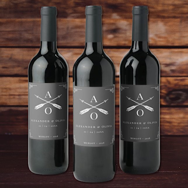 Grey Monogram and Arrows Wedding Wine Label (Gray Monogram and Arrows Wedding Wine Label)