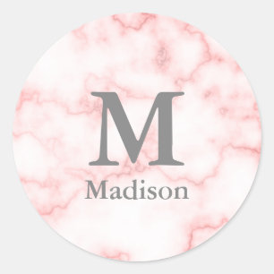 Grey Monogram and Name on Faux Pink Marble Classic Round Sticker