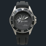 Grey Monogram Black Dial Classic Best Man Sports Watch<br><div class="desc">Honour your best man with this rugged stainless steel watch featuring a bold black dial and a dark grey face. The design showcases an elegant light grey monogram alongside "Best Man" and the wedding date in a masculine, clean font, accented by a crisp white first name for a high-impact, personalised...</div>