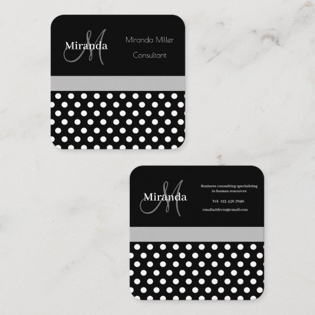 Grey Monogram Black White Polka Dot Square Business Card (Front/Back)