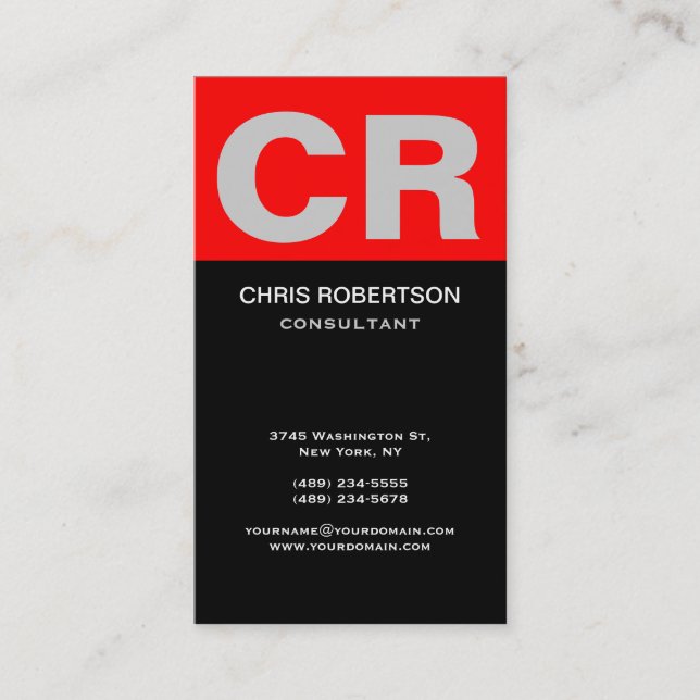 Grey Monogram Black White Red Business Card (Front)