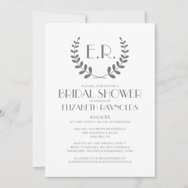 Grey Monogram Bridal Shower Invitations (Front)
