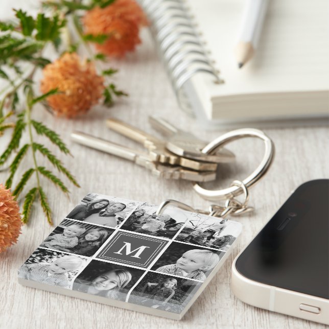 Grey Monogram Family Photo Collage Key Ring (Front Right)