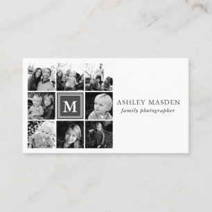 Grey Monogram Family Photo Collage Photography Business Card