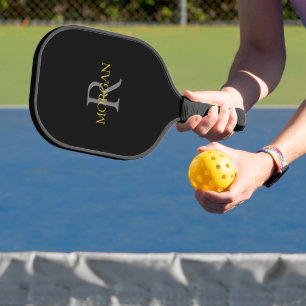 Grey Monogram & Gold Name on Black Pickleball Paddle