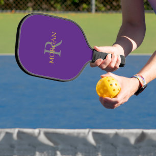 Grey Monogram & Gold Name on Royal Purple Pickleball Paddle