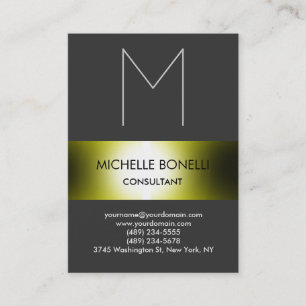 Grey monogram greeny yellow striped business card