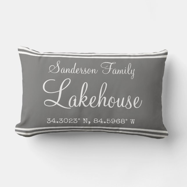Grey monogram lakehouse Family name map coordinate Lumbar Cushion (Front)