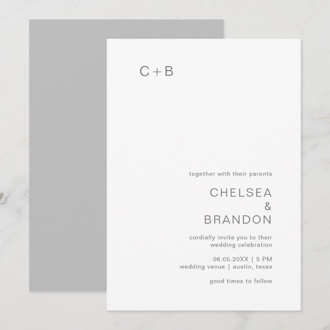 Grey Monogram Modern Wedding Invitation (Front/Back)