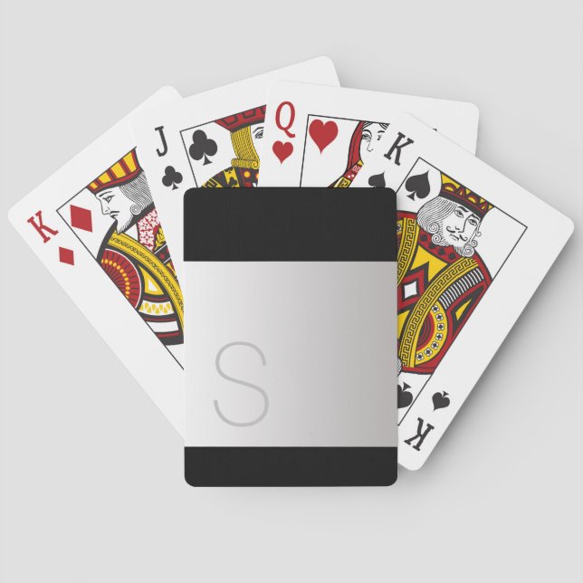 Grey Monogram on Silver Gradation, Black Playing Cards (Back)