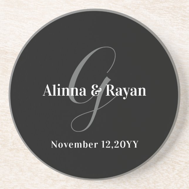 Grey Monogram Personalised Wedding Couple Design Coaster (Front)