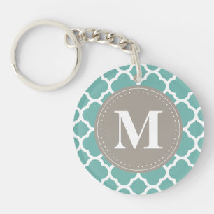 Grey Monogram Turquoise Quatrefoil Pattern Key Ring
