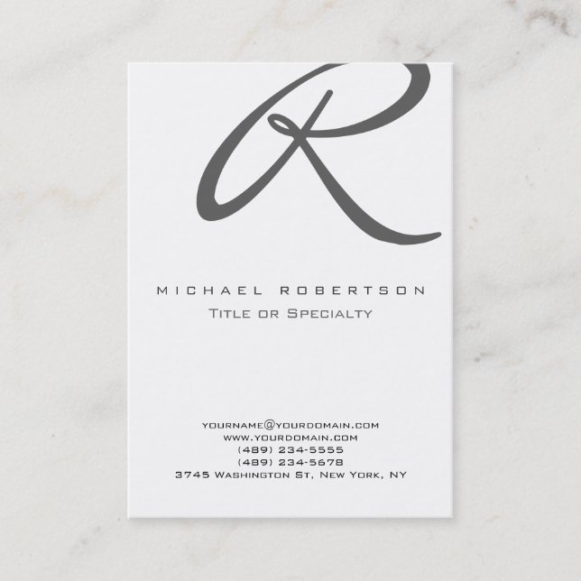 Grey Monogram White Chubby Business Card (Front)