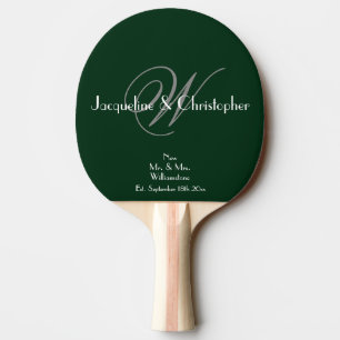 Grey Monogram White Script Names Newlyweds Green Ping Pong Paddle