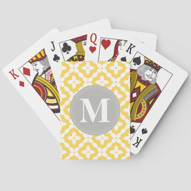 Grey Monogram Yellow Floral Pattern Pillow Playing Cards (Back)