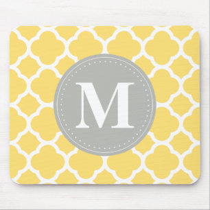 Grey Monogram Yellow Quatrefoil Pattern Mouse Pad