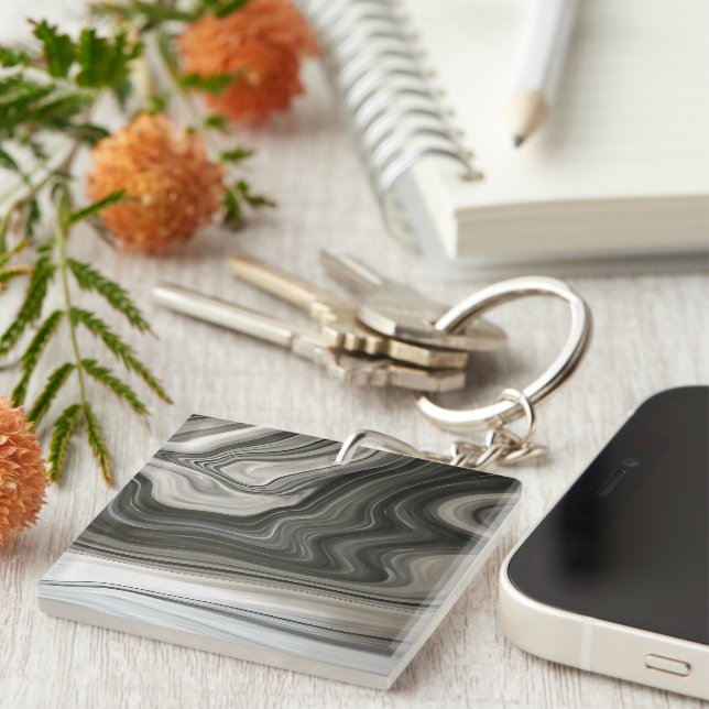 Grey Monotone Artistic Acrylic Pour Abstract Key Ring (Front Right)
