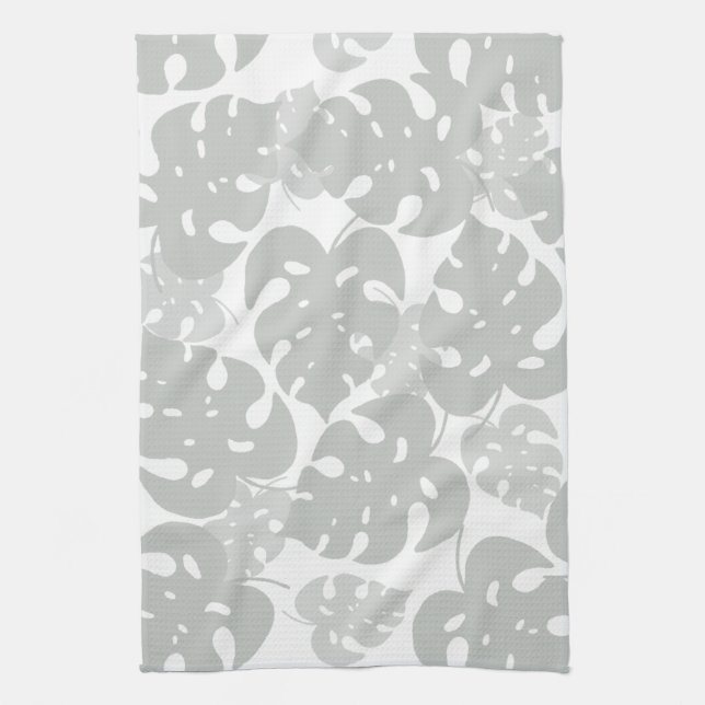 Grey monstera leaf pattern tea towel (Vertical)