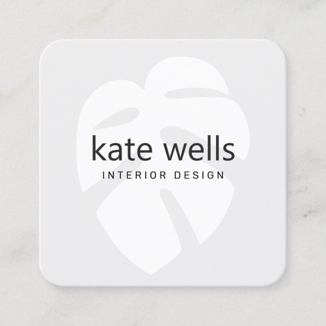 Grey Monstera Tropical Leaf Logo Interior Designer Square Business Card (Front)