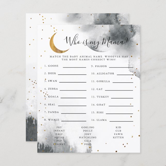 Grey Moon Who Is My Mama Baby Shower Game (Front/Back)