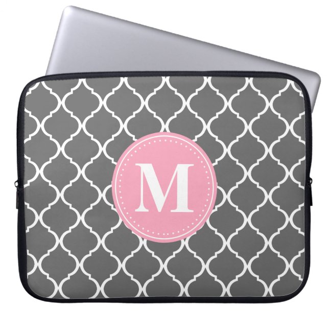 Grey Moroccan Lattice Pink Monogram Laptop Sleeve (Front)