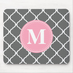 Grey Moroccan Lattice Pink Monogram Mouse Pad