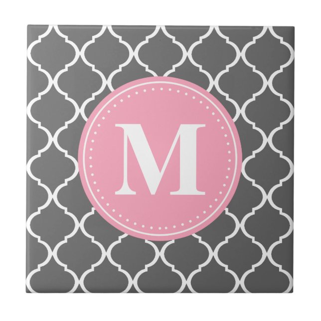 Grey Moroccan Lattice Pink Monogram Tile (Front)