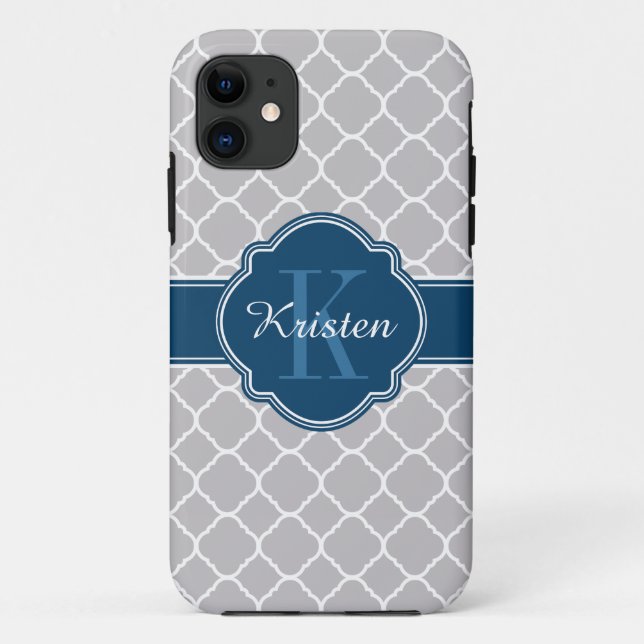 Grey Moroccan Quatrefoil Pattern Blue Monogram Case-Mate iPhone Case (Back)