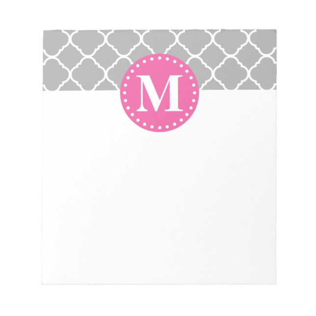 Grey Moroccan Quatrefoil Pattern Pink Monogram Notepad (Front)