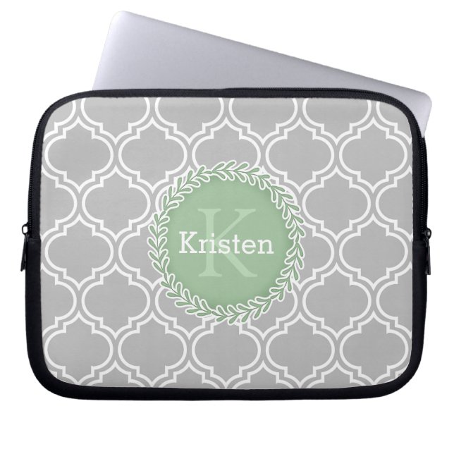 Grey Moroccan Tile Pattern Green Monogram Laptop Sleeve (Front)