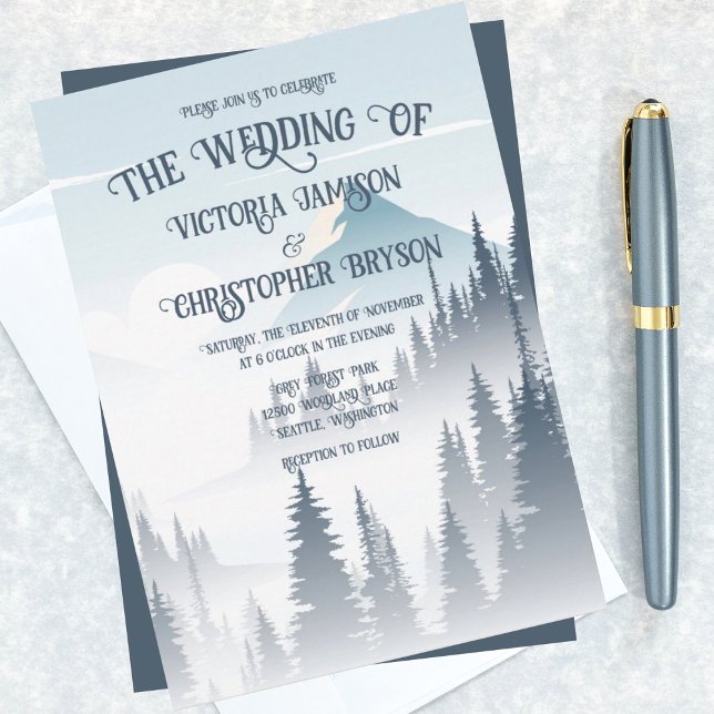 Grey Mountain Fog Forest Wilderness Winter Wedding Invitation (Creator Uploaded)