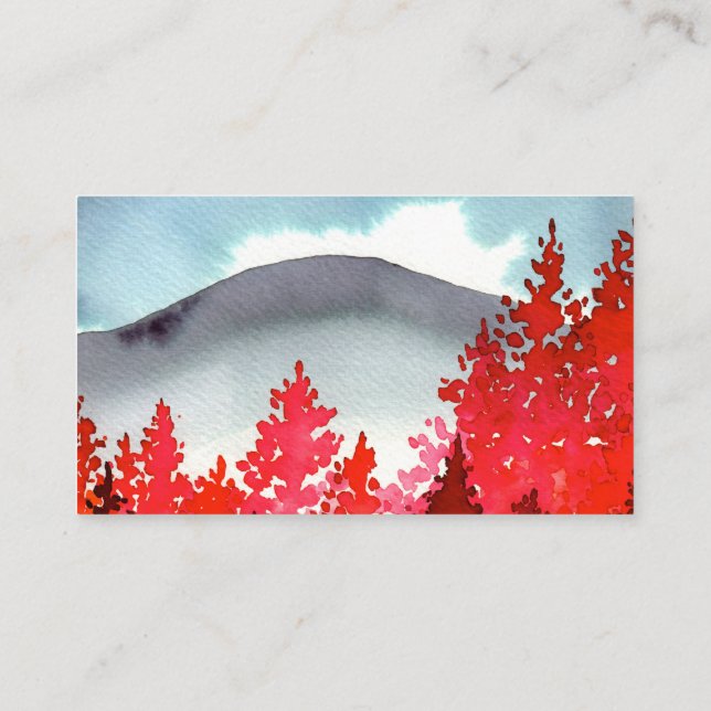 Grey Mountain With Red Trees Watercolor Custom Business Card (Back)