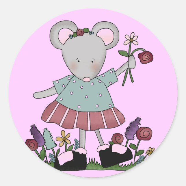 Grey Mouse in Flower Garden T-shirts and Gifts Classic Round Sticker (Front)