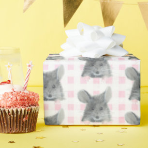 Grey Mouse on Gingham Wrapping Paper