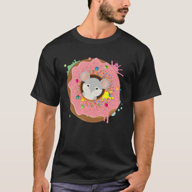 Grey mouse sits in doughnut with pink glaze T-Shirt (Front)