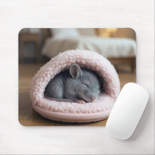 Grey Mouse Sleeping in a Pink Slipper Pad