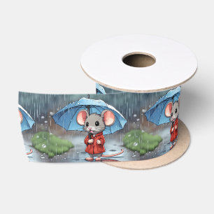 Grey Mouse Under Umbrella Satin Ribbon