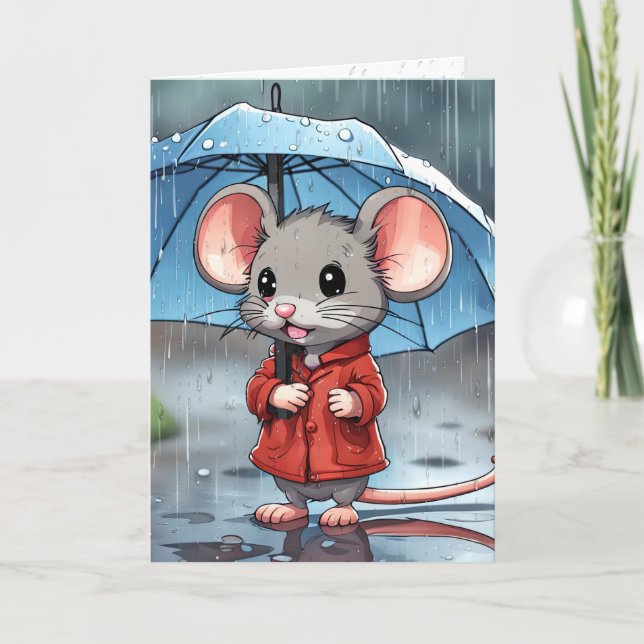 Grey Mouse With Umbrella In Rain Card (Front)
