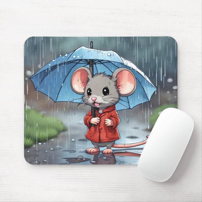 Grey Mouse With Umbrella In Rain Pad (With Mouse)