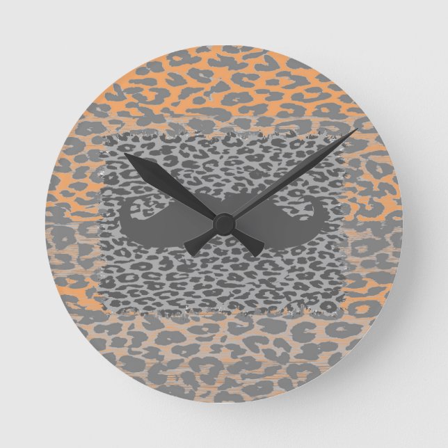 Grey Moustache and Leopard Print Round Clock (Front)