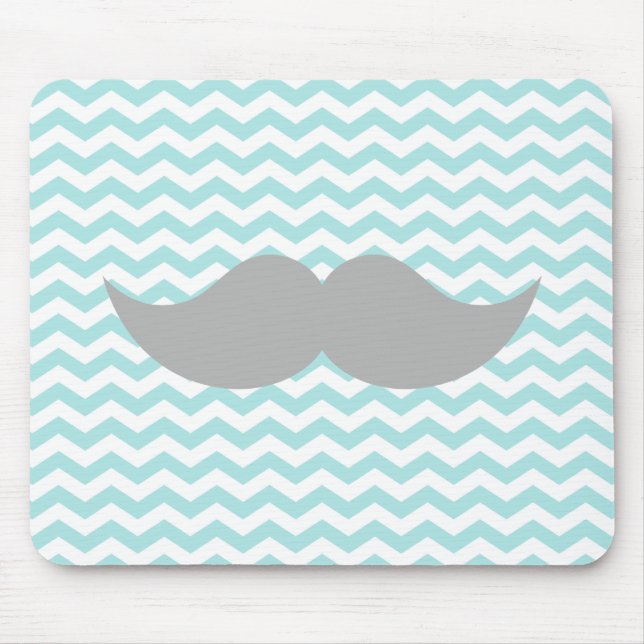 Grey Moustache Teal Chevron Zigzag Stripe Mouse Pad (Front)