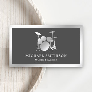 Grey Music Teacher Silver Foil Drum Kit Drummer Business Card