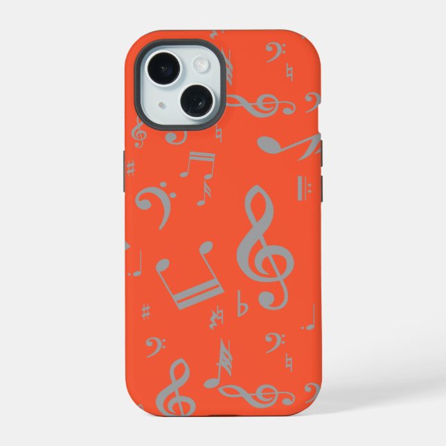 Grey musical notes on Orange iPhone 15 Case (Back)