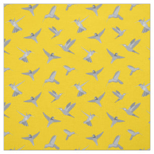 Grey Mustard Gold Hummingbird Pattern Fabric