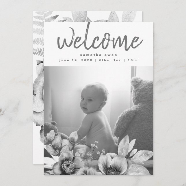 Grey Muted Botanical Dried Florals Neutral Baby Announcement (Front/Back)