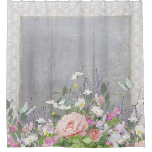 Grey n White Farmhouse Country Chic Floral Peonies Shower Curtain