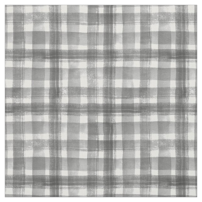 Grey n White Watercolor Gingham Checkered Pattern Fabric (Swatch)